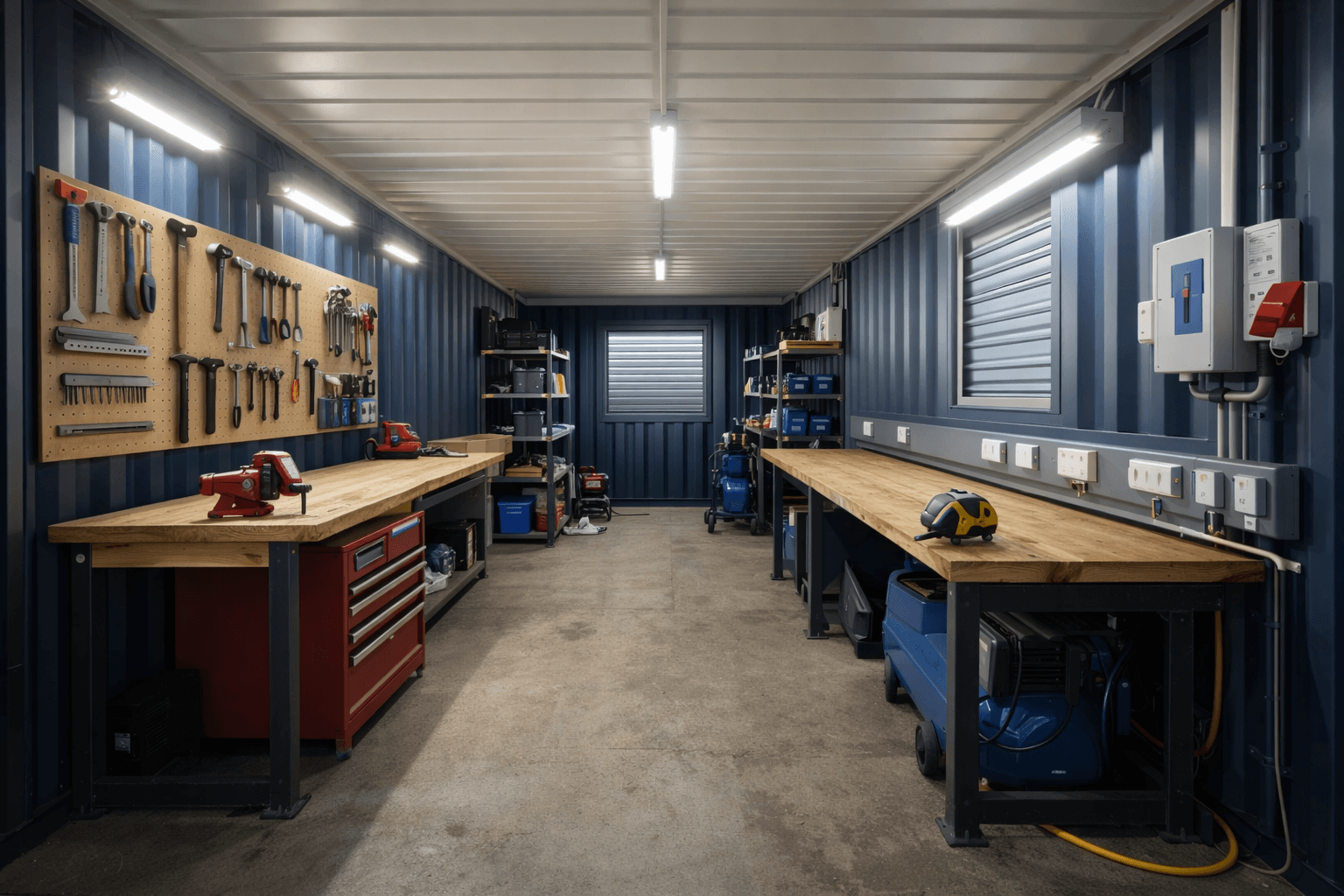 Shipping container workshop showing internal layout, workbenches, electrical power setup, and lighting for a UK container workshop