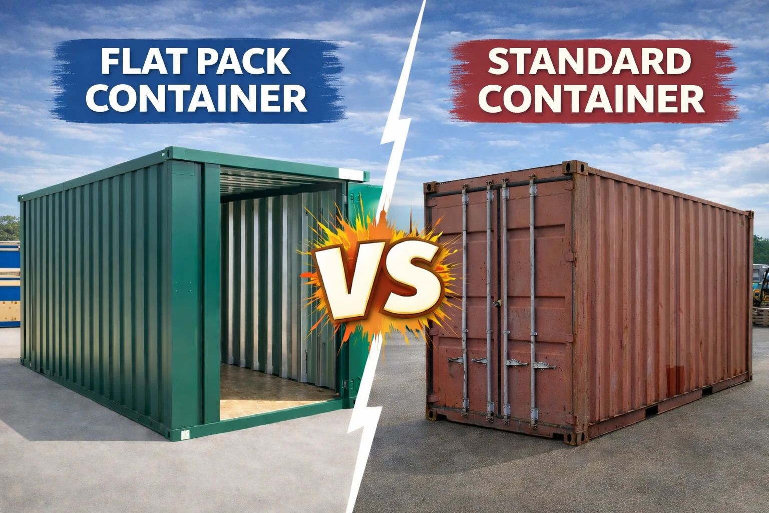 Flat pack container versus standard shipping container comparison for UK storage, access and installation differences.