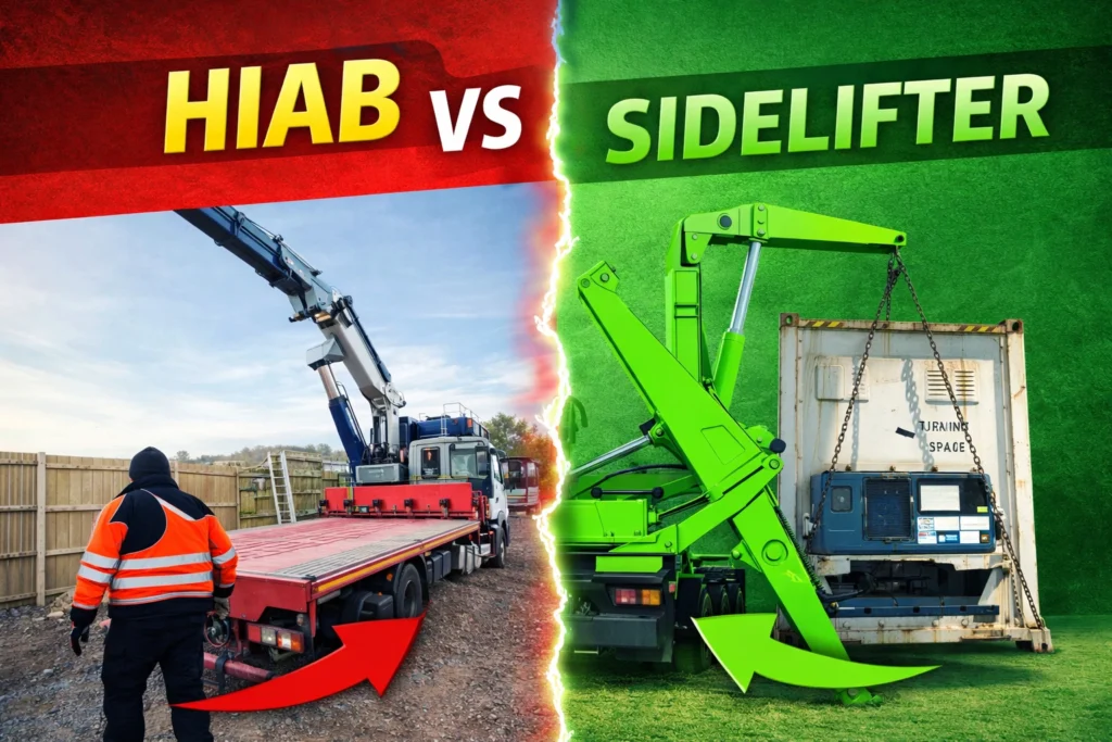 Hiab vs Sidelifter split-screen showing a Hiab crane truck on the left and a green sidelifter lifting a shipping container on the right with bold yellow comparison text