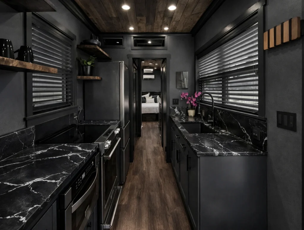 Modern black and dark grey shipping container home interior with galley kitchen, marble worktops, wood ceiling and bedroom visible at the rear.