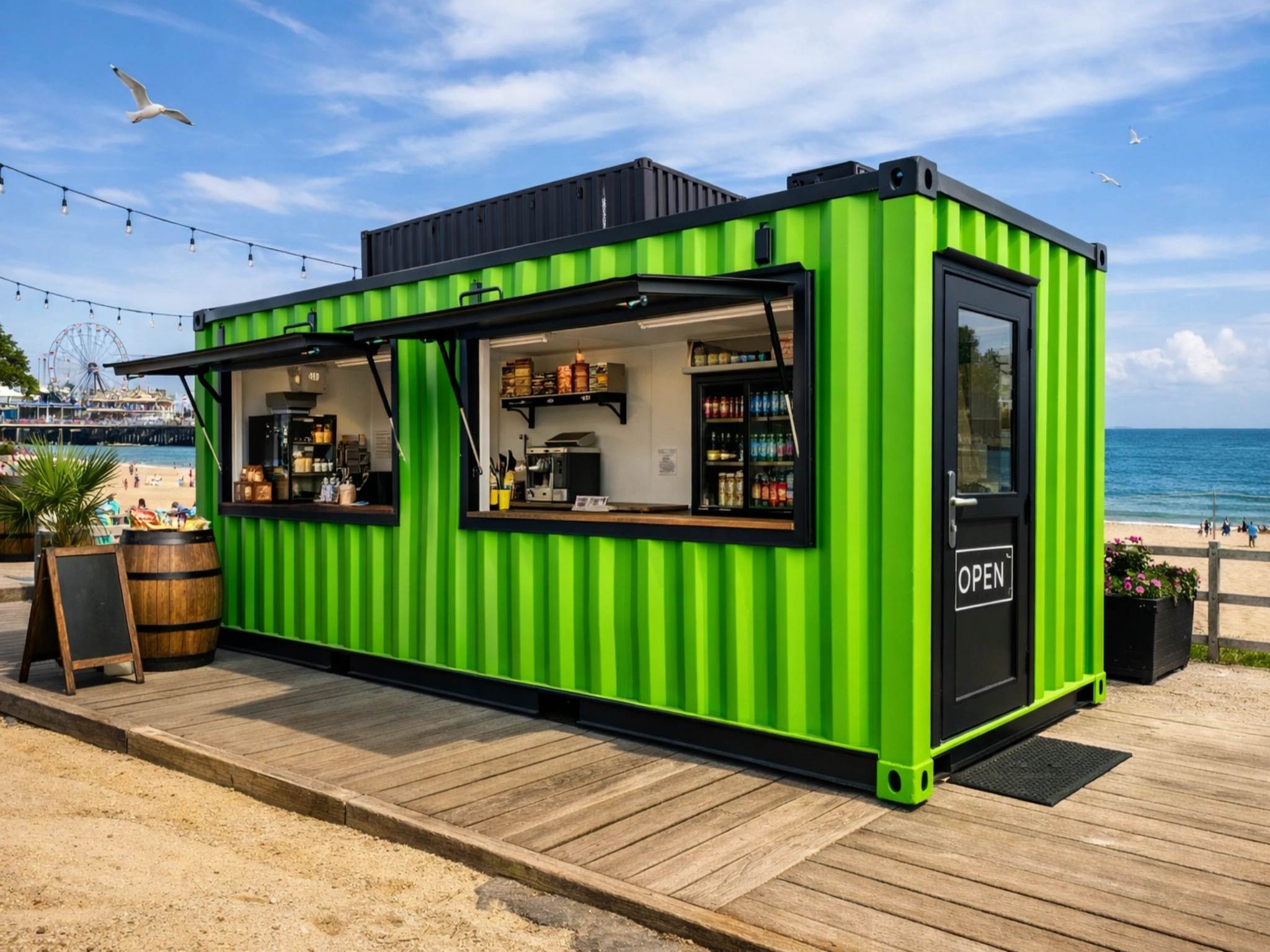 Bright green shipping container shop with black accents on a UK coastal boardwalk, converted into a café with serving hatches open and sea views in the background.