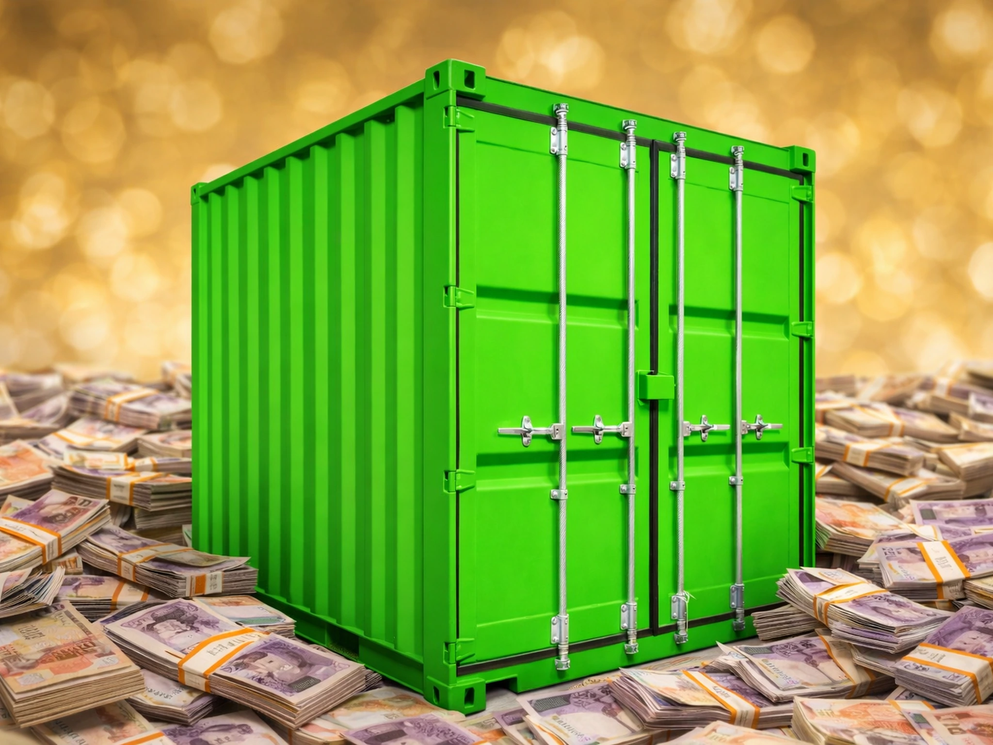 10ft shipping container painted bright green, surrounded by stacks of British pound notes to show why 10ft containers cost more.