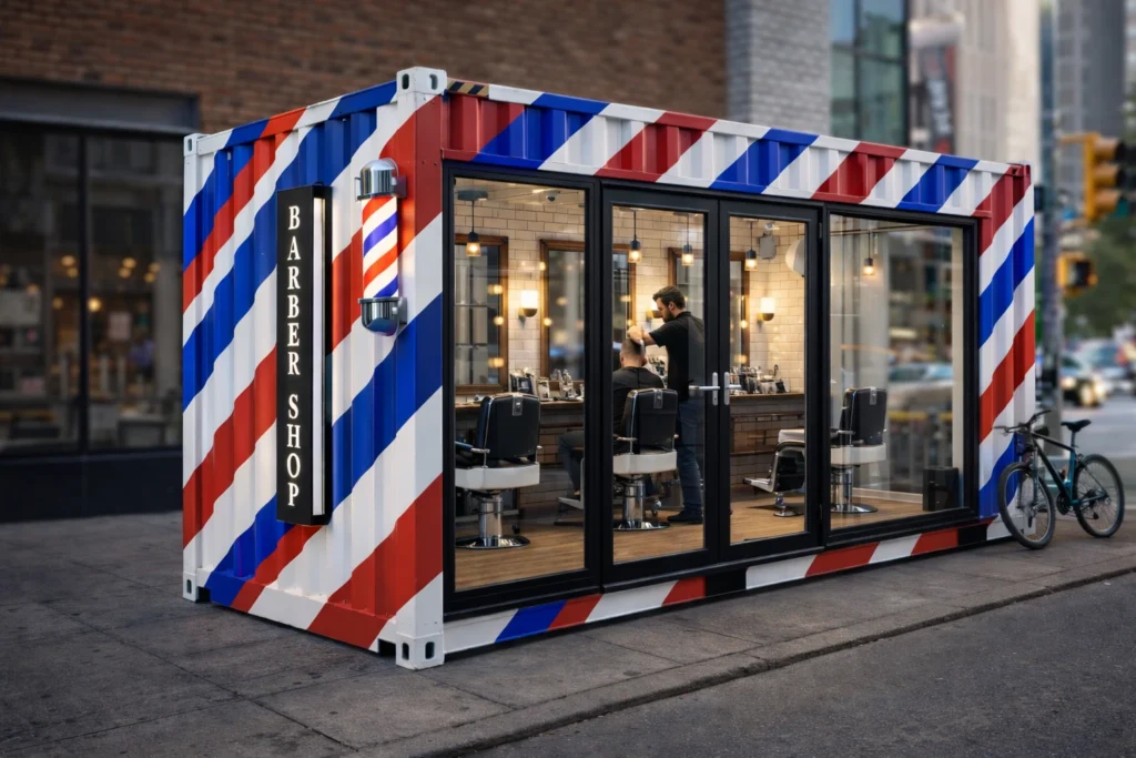 Photorealistic 20ft shipping container converted into a barber shop with red, white and blue barber pole style stripes, glass frontage showing barber chairs and mirrors inside, barber cutting a client’s hair in an urban street setting.