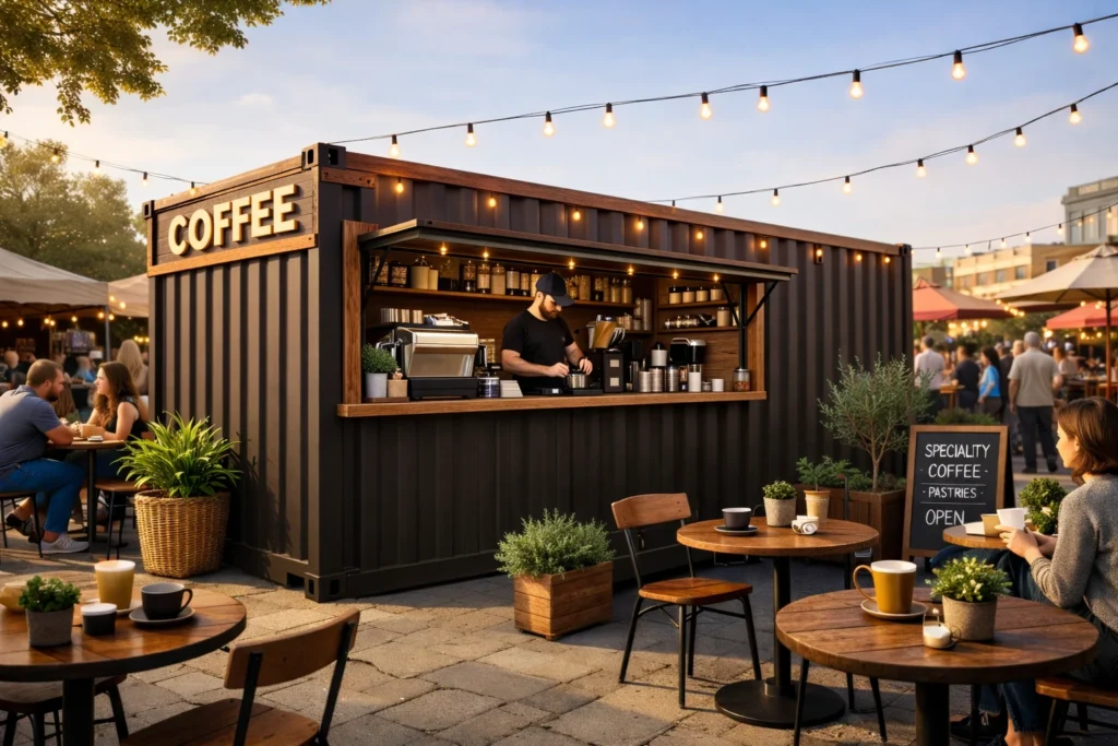 Photorealistic 20ft shipping container coffee shop conversion with side serving hatch, matte dark brown finish, wooden trim, espresso bar setup, and outdoor café seating in a street market setting.