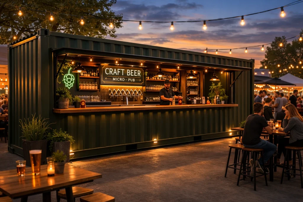 Photorealistic 20ft shipping container converted into a craft beer micro-pub with dark green exterior, long serving hatch with beer taps and bar counter, customers seated at outdoor tables under warm festival lighting at sunset.
