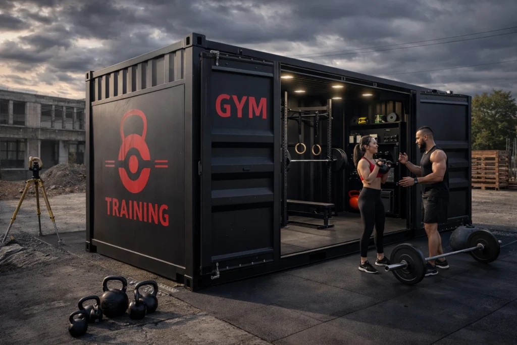 Photorealistic 20ft shipping container gym conversion with matte black exterior and red fitness branding, open doors revealing squat rack and weights, personal trainer coaching a client during an outdoor workout.