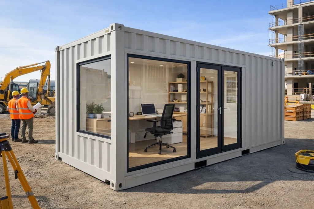 Photorealistic 20ft shipping container converted into a modern office workspace with light grey exterior, large window and glass doors, desk and laptop visible inside, placed on an active construction site.