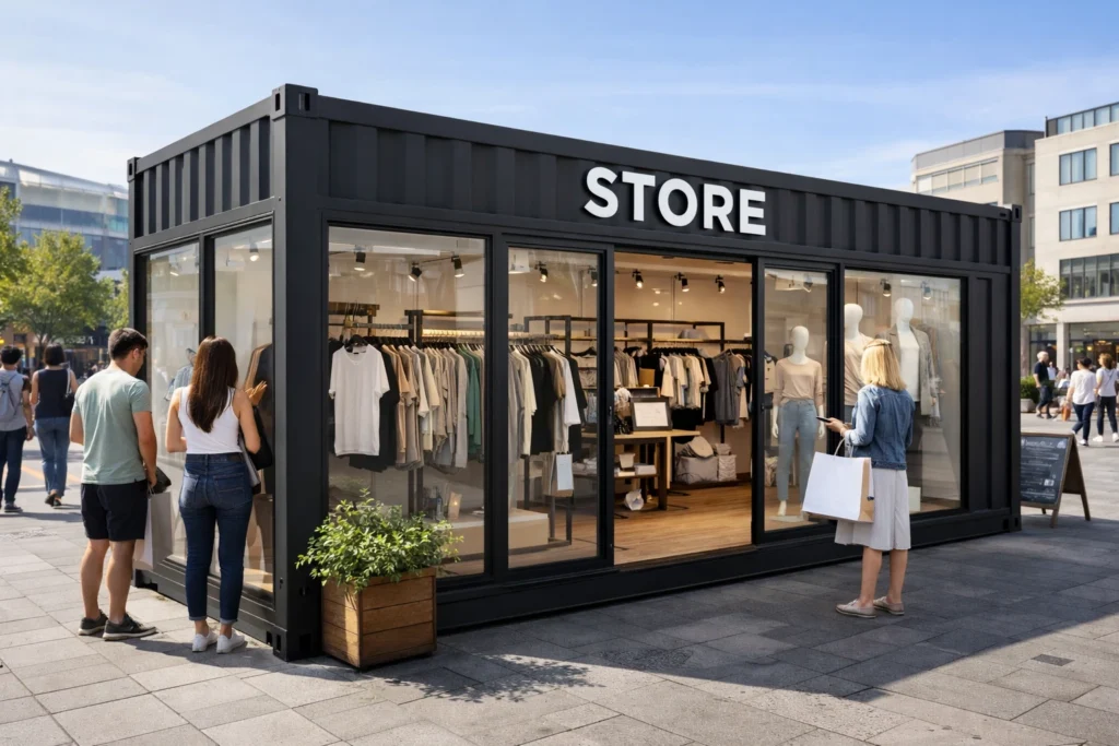 Photorealistic 20ft shipping container converted into a pop-up retail clothing shop with matte black exterior, large glass display windows, clothing racks and mannequins inside, in a modern outdoor shopping environment.