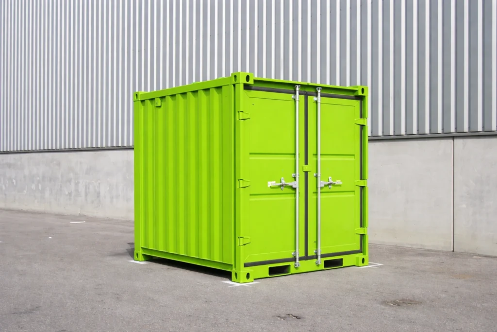 6ft container painted lime green 00FF00 with double doors, shown outdoors against a metal wall