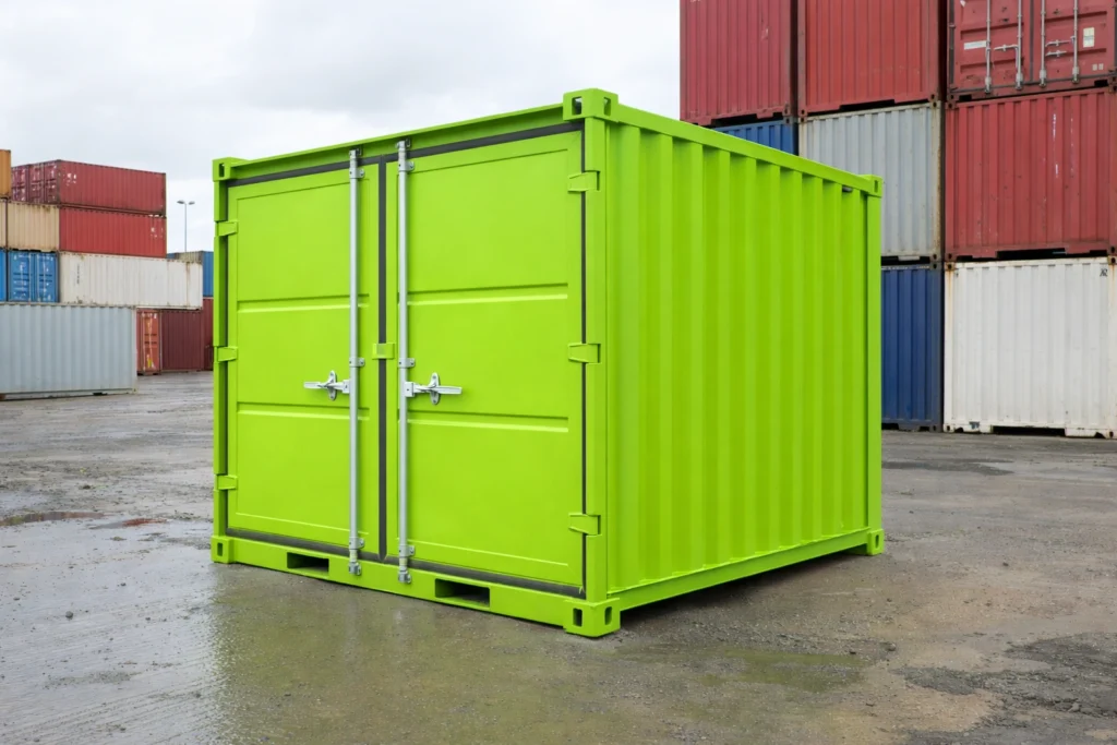 Small Containers 8ft shipping container painted lime green 00FF00 with double doors in a container yard setting