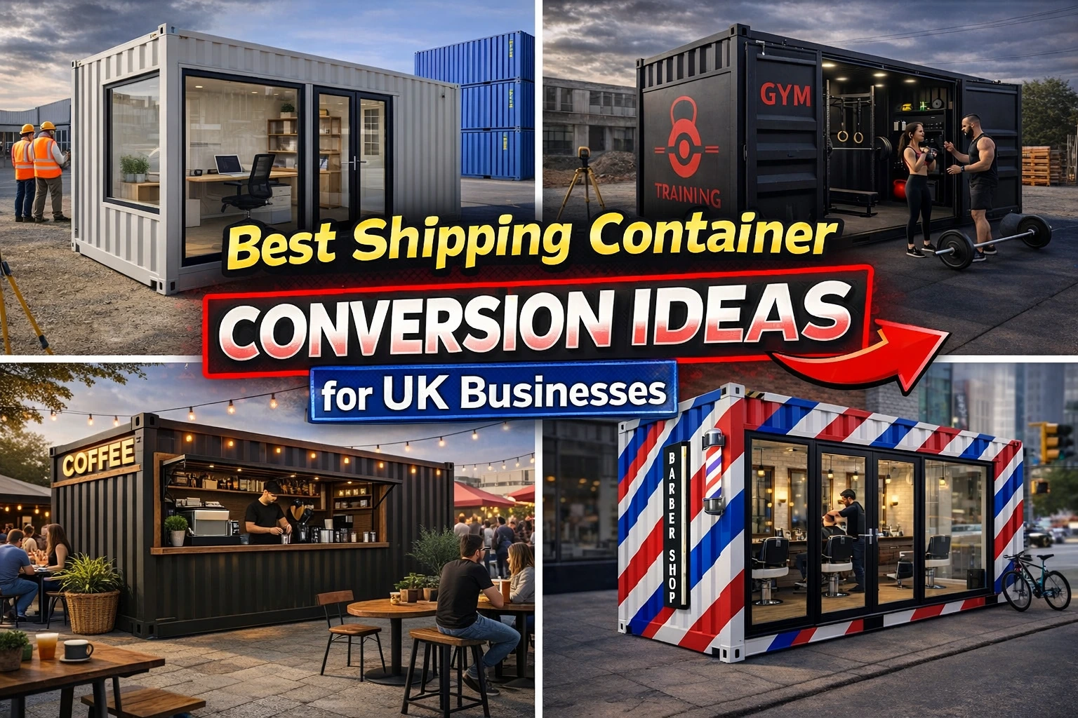 YouTube thumbnail showing multiple shipping container business conversions including a container office, gym, coffee shop and barber shop with bold headline text “Best Shipping Container Conversion Ideas for UK Businesses