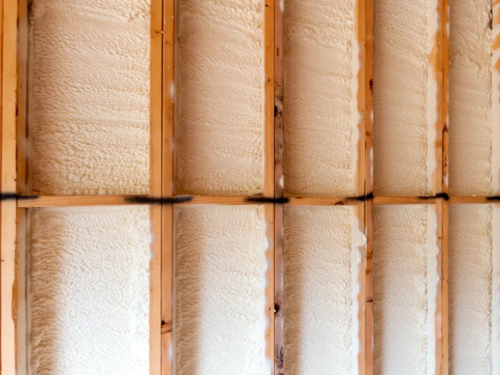 Closed cell spray foam insulation installed between timber studs inside a shipping container conversion wall