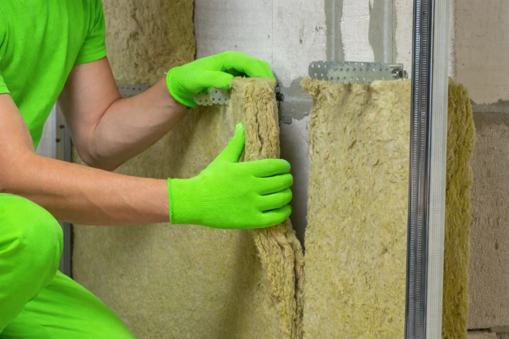 Rockwool mineral wool insulation fitted inside a shipping container wall frame during container conversion