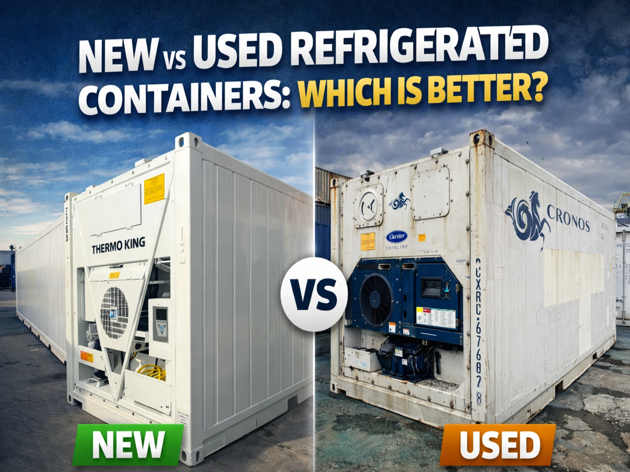 New vs used refrigerated shipping containers comparison showing modern Thermo King unit and older ex-marine Carrier reefer container, UK guide to buying refrigerated containers for cold storage and commercial use