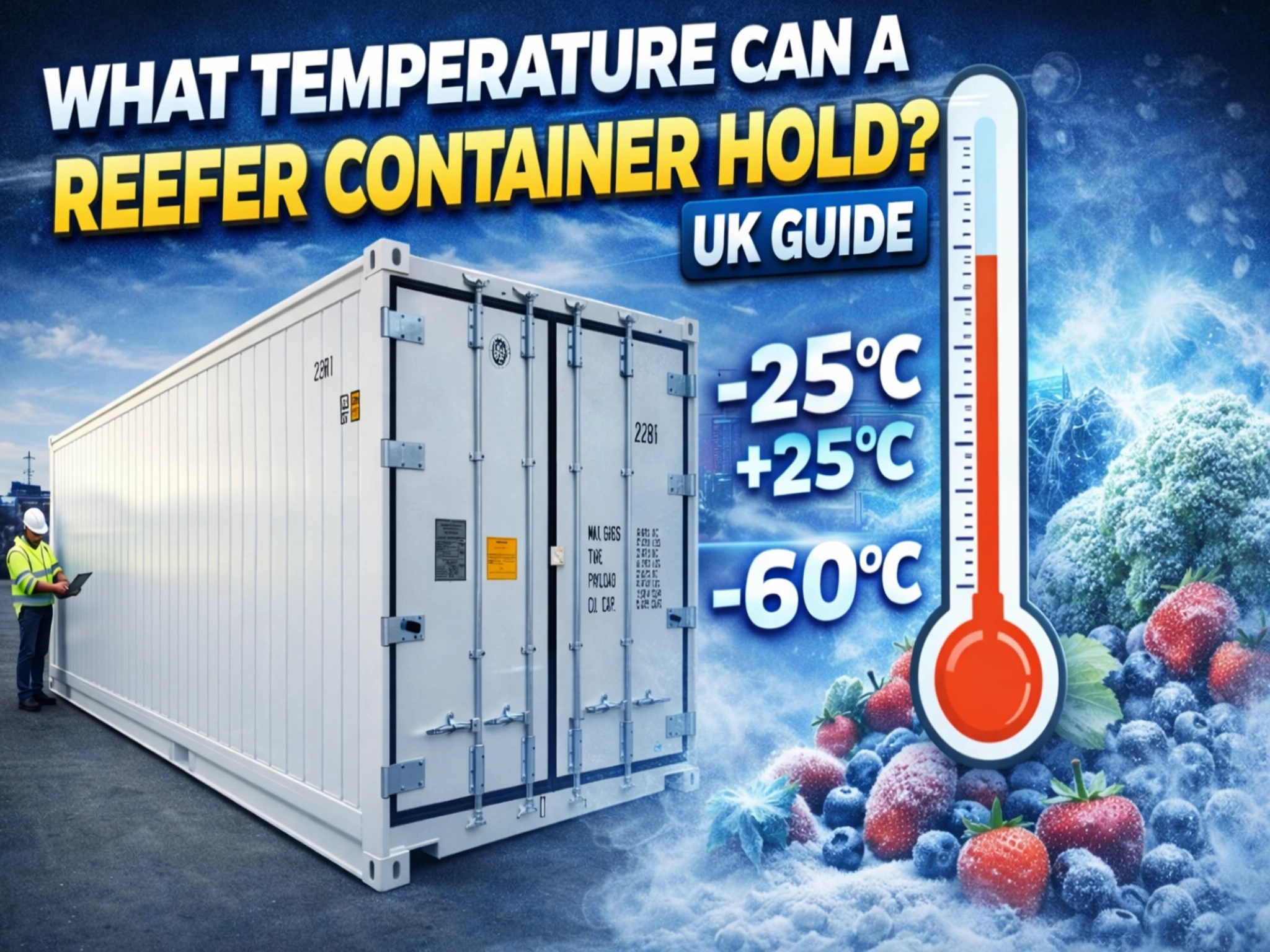 Refrigerated shipping container showing temperature range from -25°C to +25°C with capability down to -60°C, UK guide to reefer container temperature control for cold storage and frozen goods