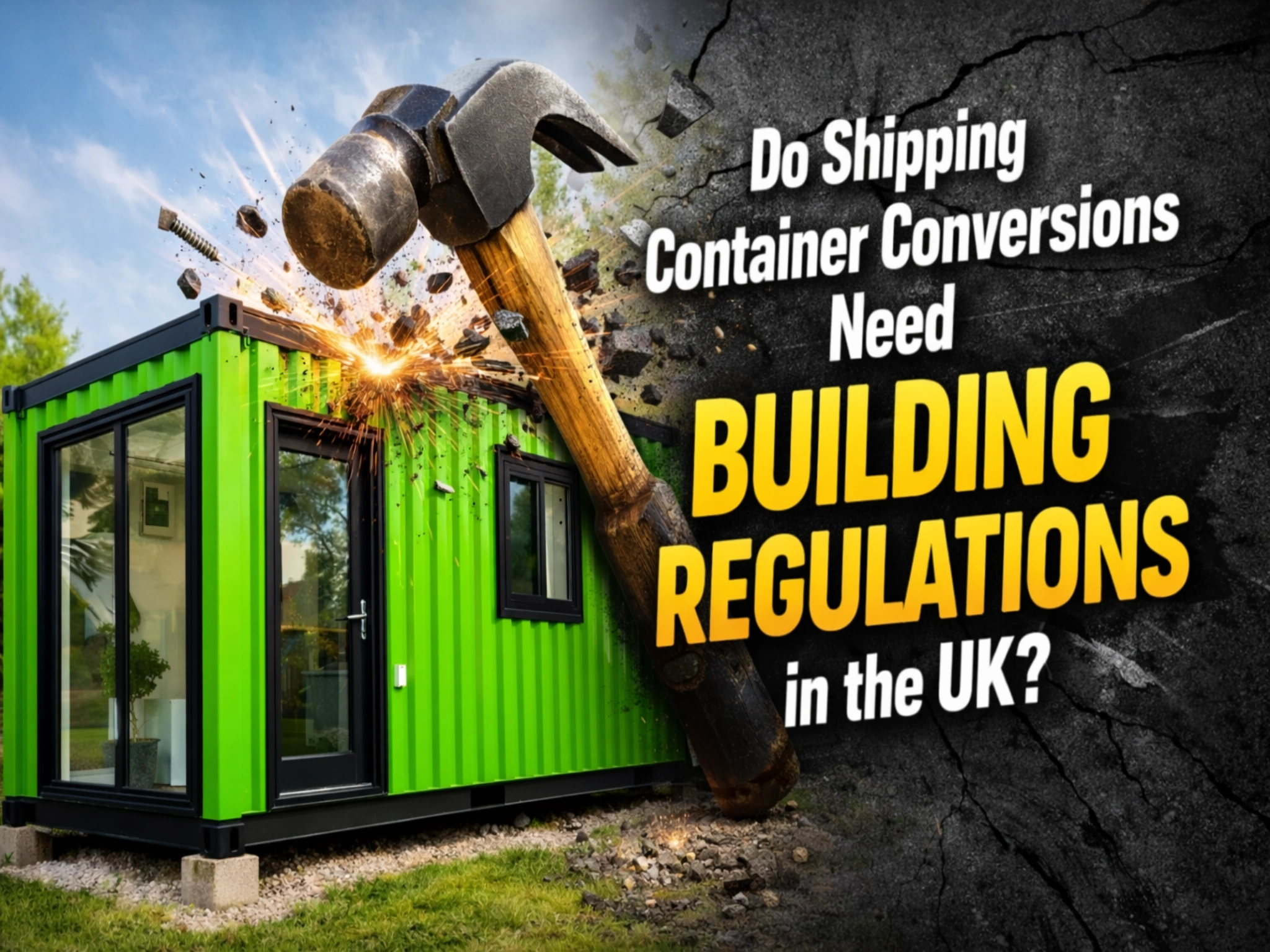 Shipping container conversion building regulations UK with green container office, structural modification, and compliance considerations for planning and insulation