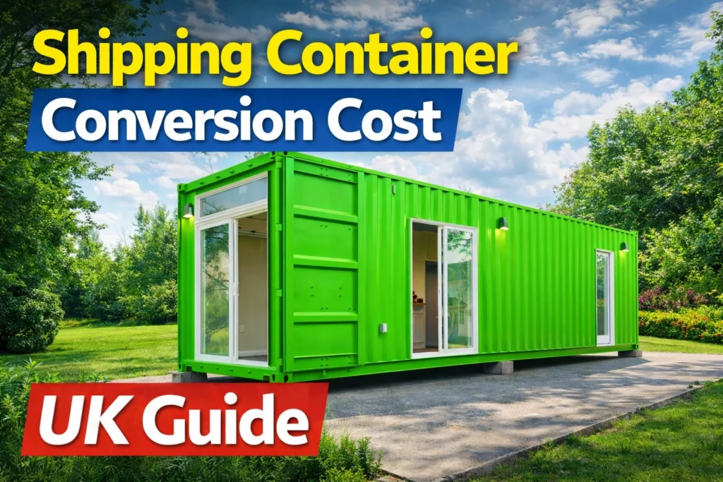 Bright green shipping container home in a landscaped outdoor setting with bold text reading Shipping Container Conversion Cost UK Guide.