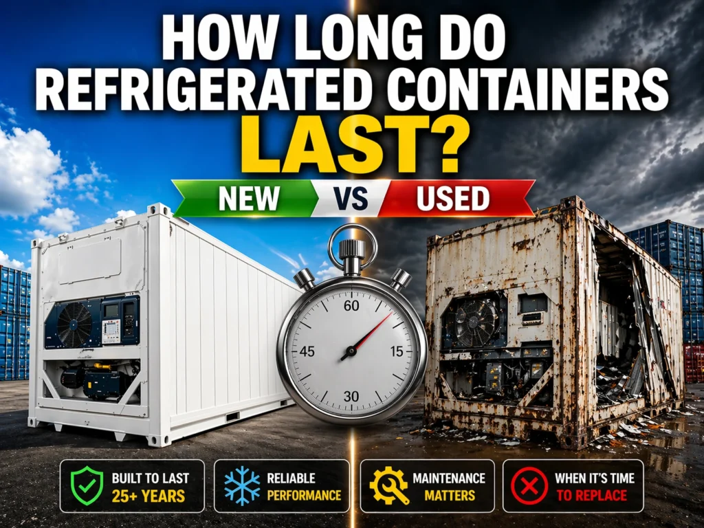 Blog cover showing a new vs used refrigerated shipping container comparison, with a clean white reefer on the left, a heavily damaged used reefer on the right, and a large stopwatch in the centre under the headline How Long Do Refrigerated Containers Last?
