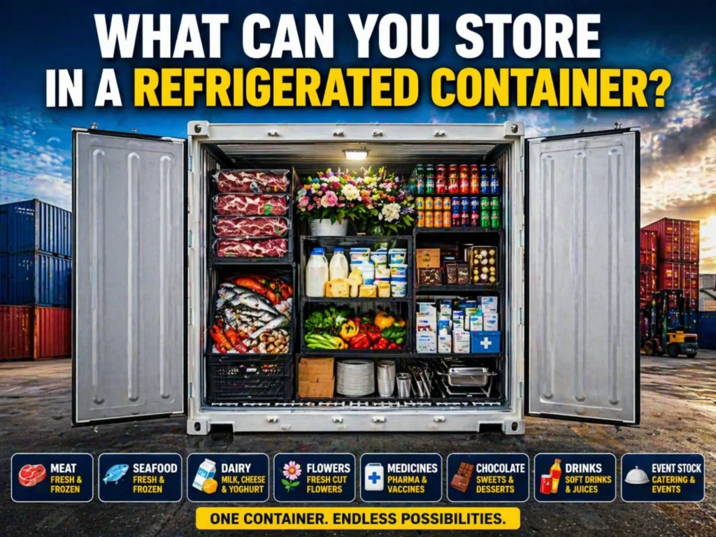 Blog cover showing an open refrigerated shipping container filled with different temperature-sensitive goods including meat, seafood, dairy, flowers, medicines, chocolate, drinks, and event stock under the headline What Can You Store in a Refrigerated Container?